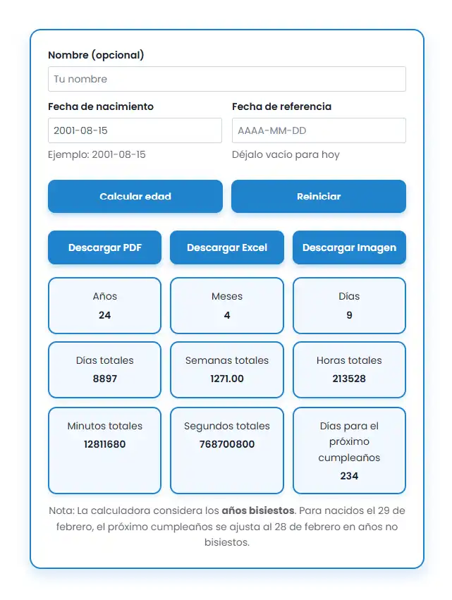 Calculadora de Edad Cronológica | Edad Exacta en Años, Meses y Días resultado de la calculadora de edad