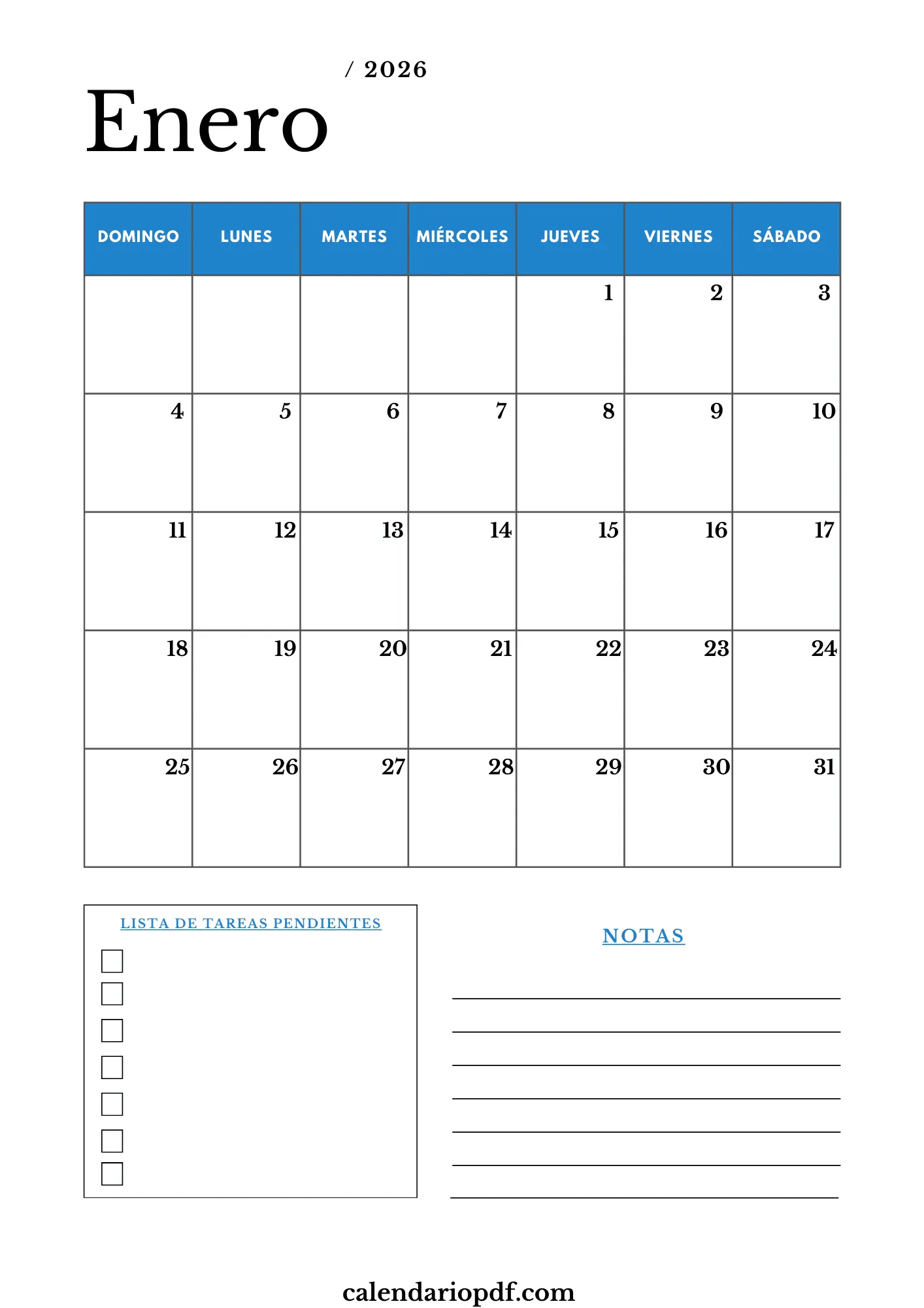 Calendario Enero 2026 España con Festivos Calendario 2026 enero formato retrato