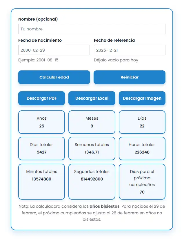 Calculadora de Edad Cronológica | Edad Exacta en Años, Meses y Días Resultado de la calculadora de edad para el año bisiesto