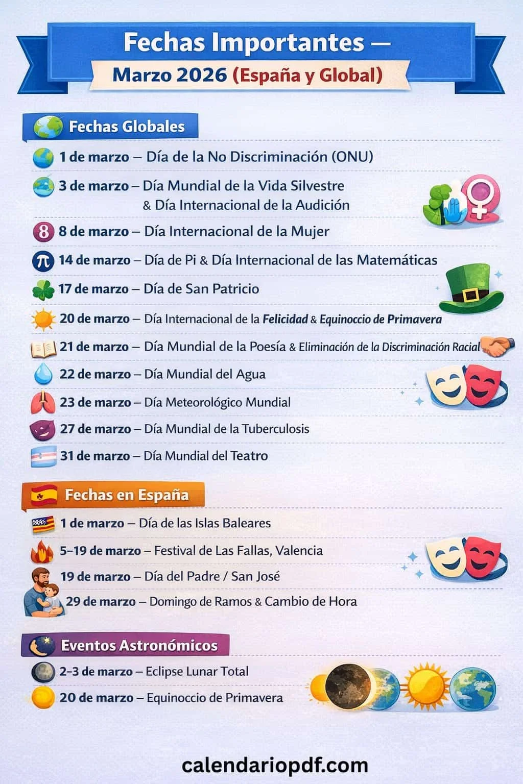 Calendario Marzo 2026 España con Festivos fechas importantes en marzo 2026