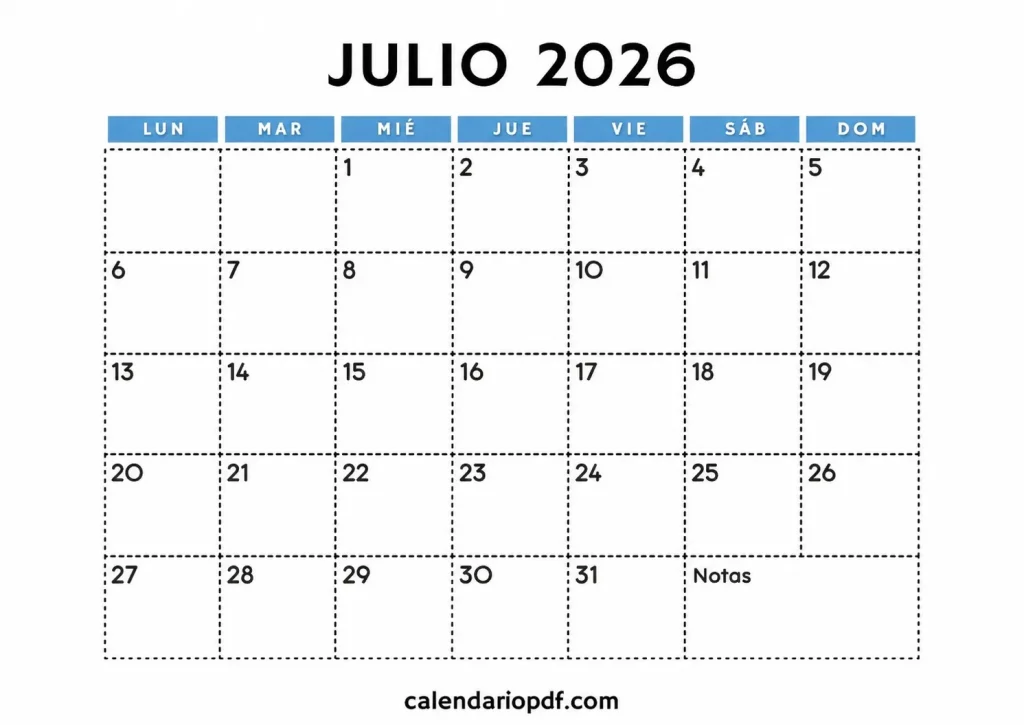 Calendario Julio 2026 España con Festivos Calendario julio 2026 España