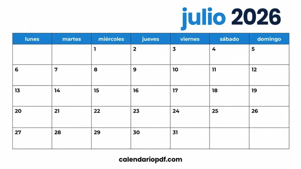 Calendario Julio 2026 España con Festivos Calendario julio 2026 con festivos