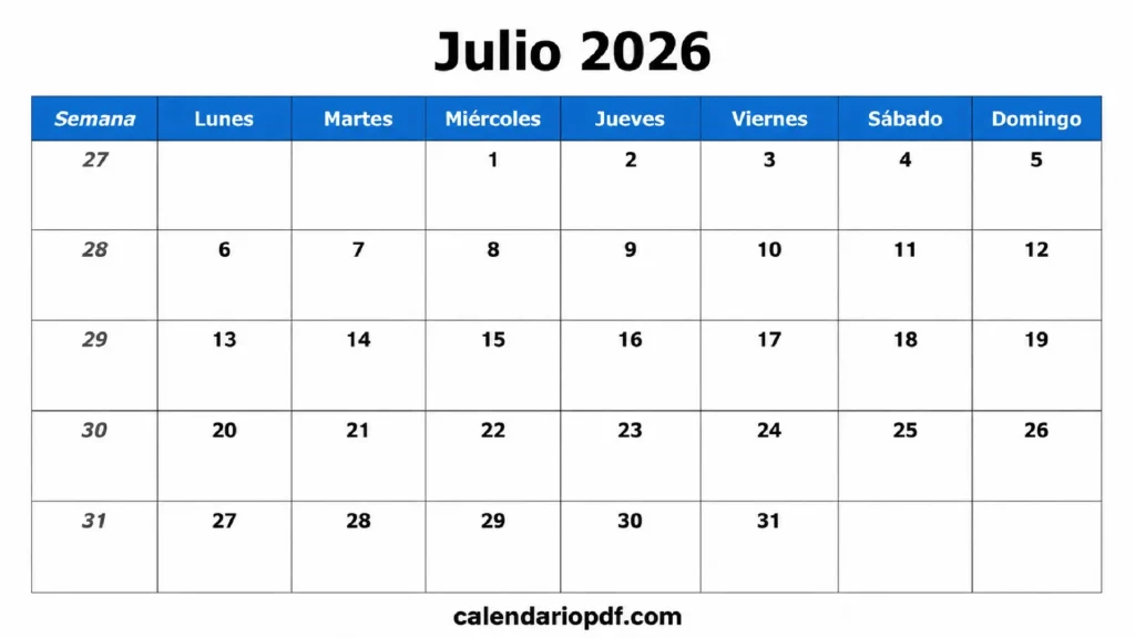 Calendario Julio 2026 España con Festivos Calendario julio 2026 para imprimir