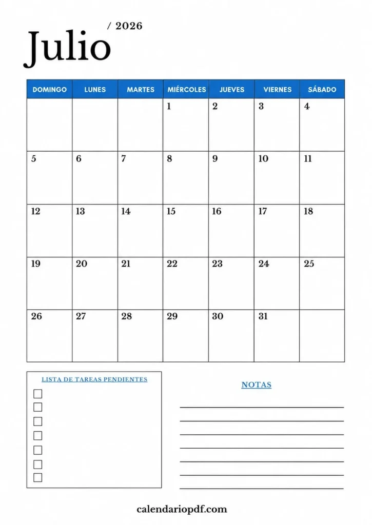 Calendario Julio 2026 España con Festivos Calendario julio de 2026