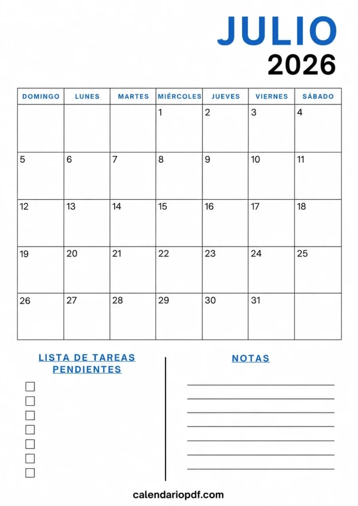 Calendario Julio 2026 España con Festivos julio 2026 calendario