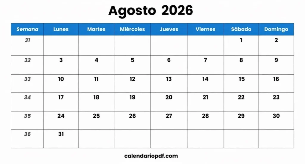 Calendario Agosto 2026 México con Festivos Calendario agosto 2026 Mexico v1