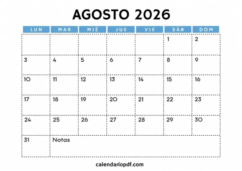 Calendario Agosto 2026 México con Festivos Calendario agosto 2026 Mexico v2