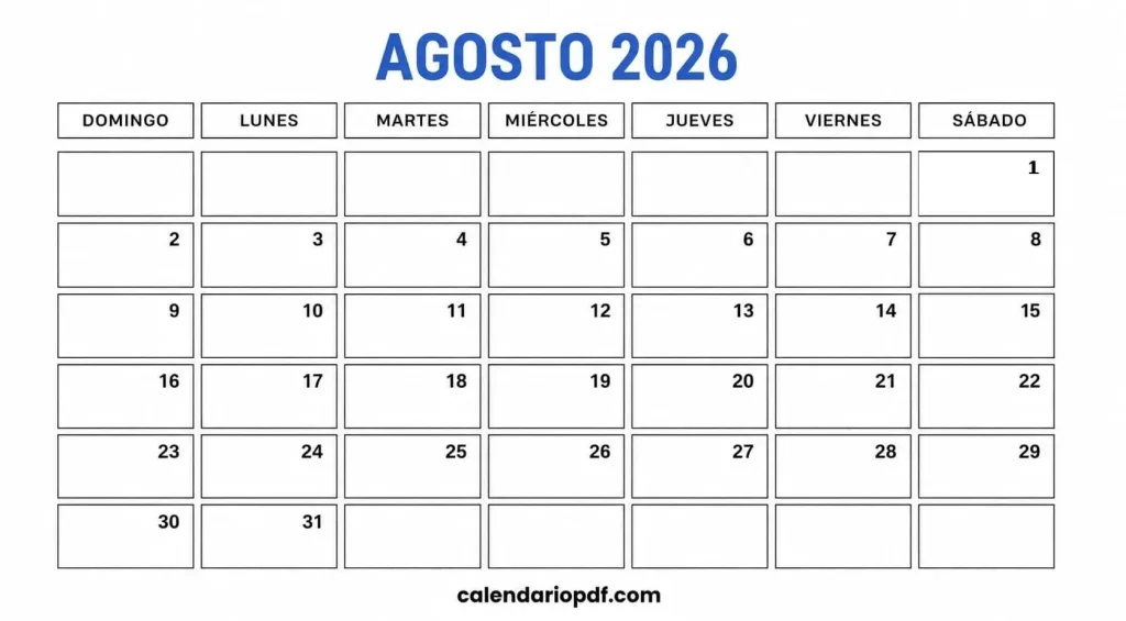 Calendario Agosto 2026 México con Festivos Calendario agosto 2026 Mexico v3