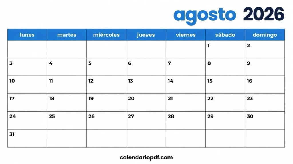 Calendario Agosto 2026 México con Festivos Calendario agosto 2026 Mexico v4