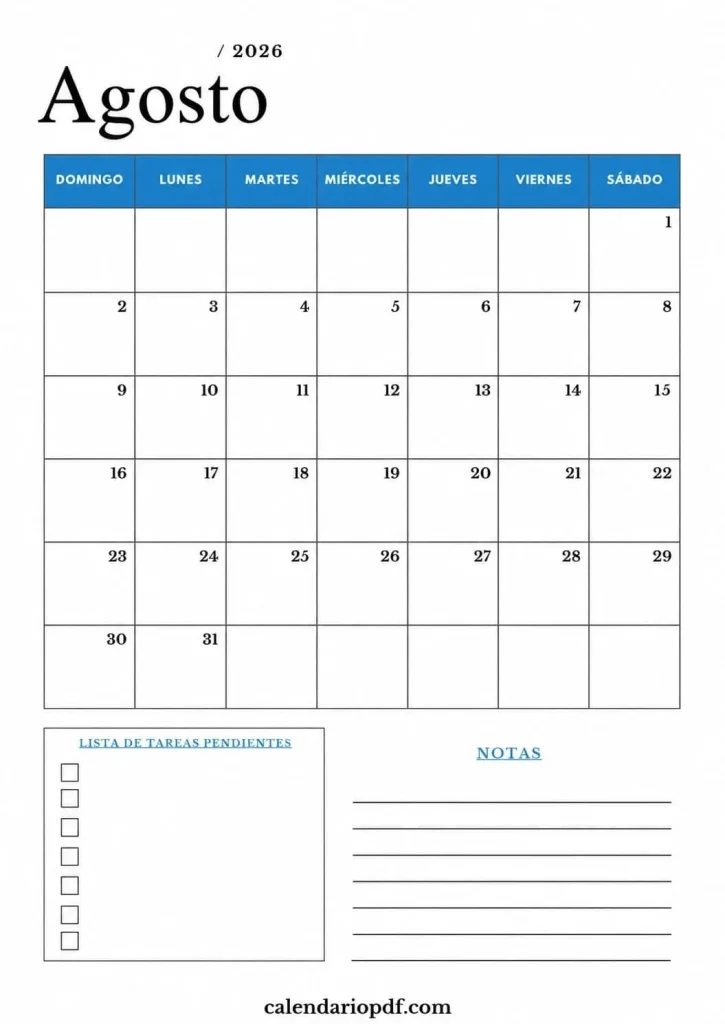 Calendario Agosto 2026 México con Festivos Calendario agosto 2026 Mexico v5