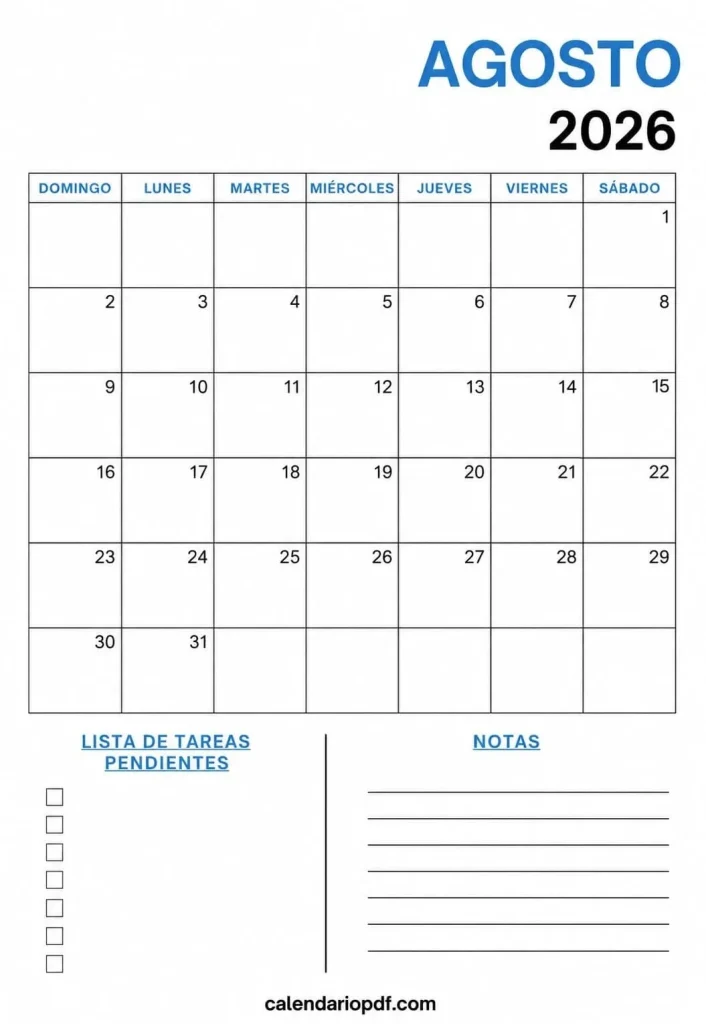 Calendario Agosto 2026 México con Festivos Calendario agosto 2026 Mexico v6