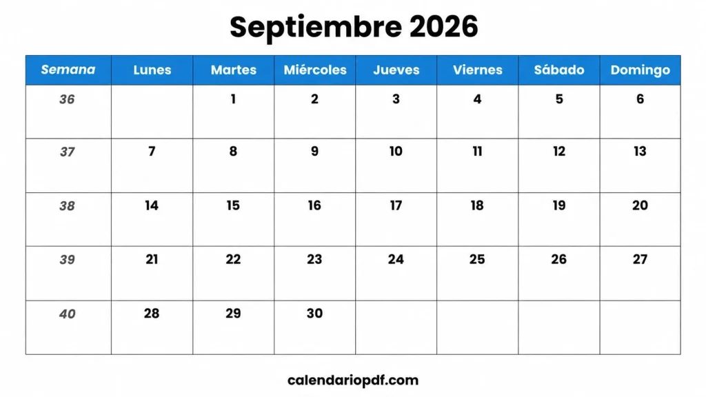 Calendario Septiembre 2026 España con Festivos Calendario septiembre 2026 España v1
