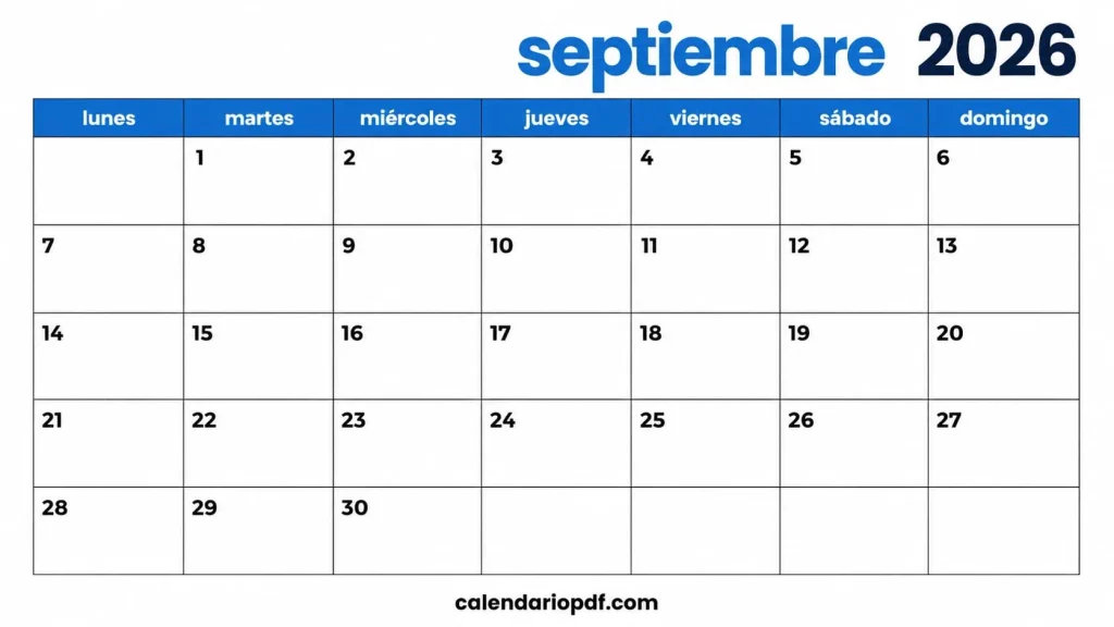 Calendario Septiembre 2026 España con Festivos Calendario septiembre 2026 España v4