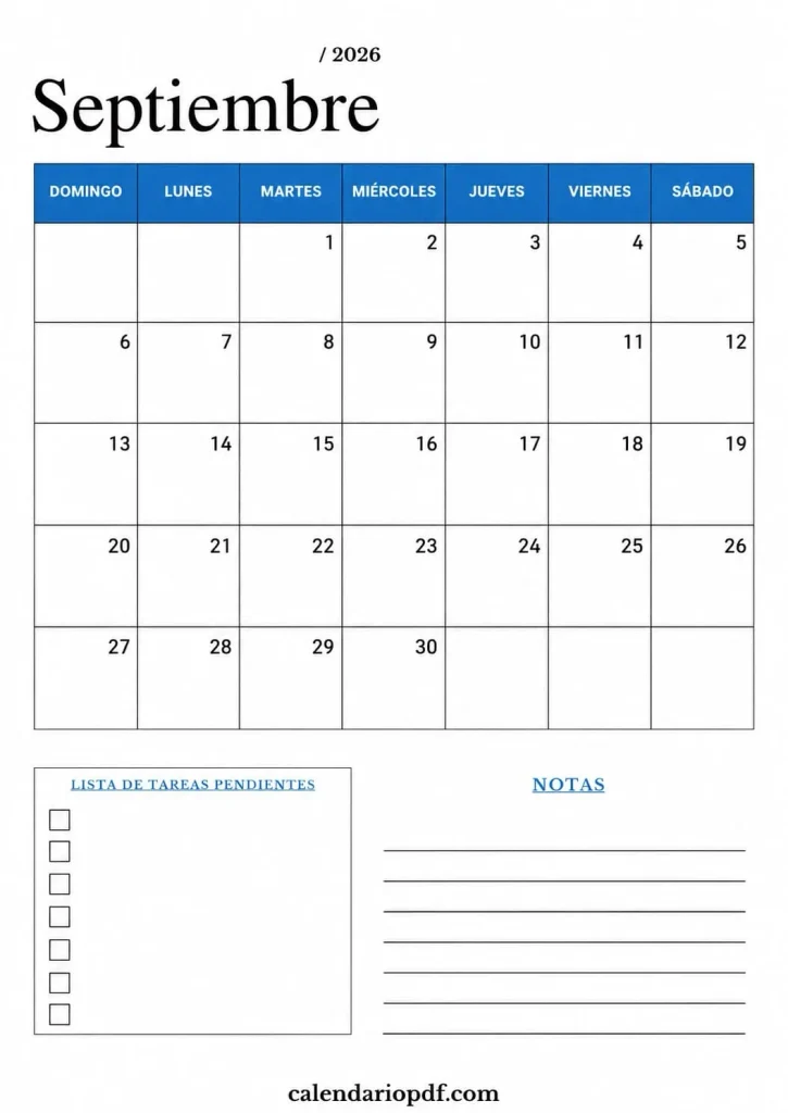 Calendario Septiembre 2026 España con Festivos Calendario septiembre 2026 España v5
