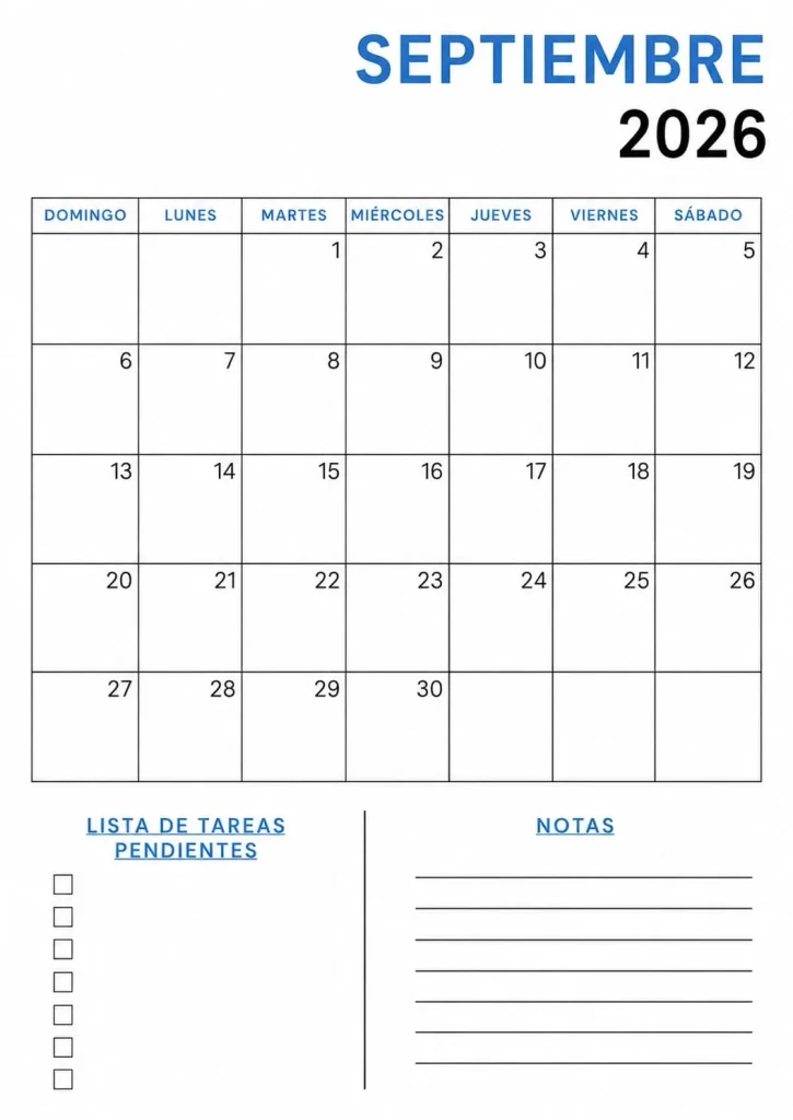 Calendario Septiembre 2026 España con Festivos Calendario septiembre 2026 España v6
