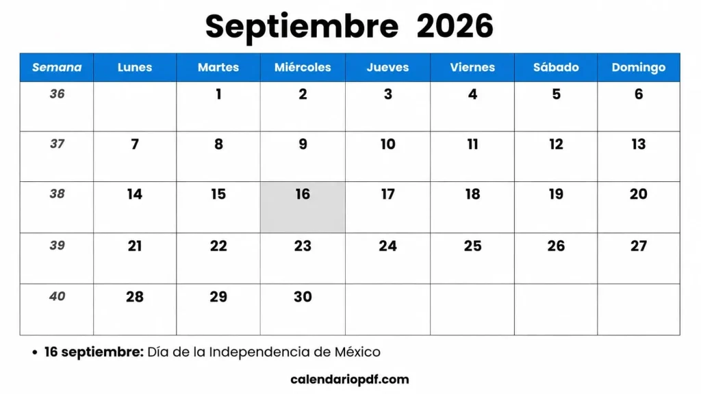 Calendario Septiembre 2026 México con Festivos Calendario septiembre 2026 Mexico 1