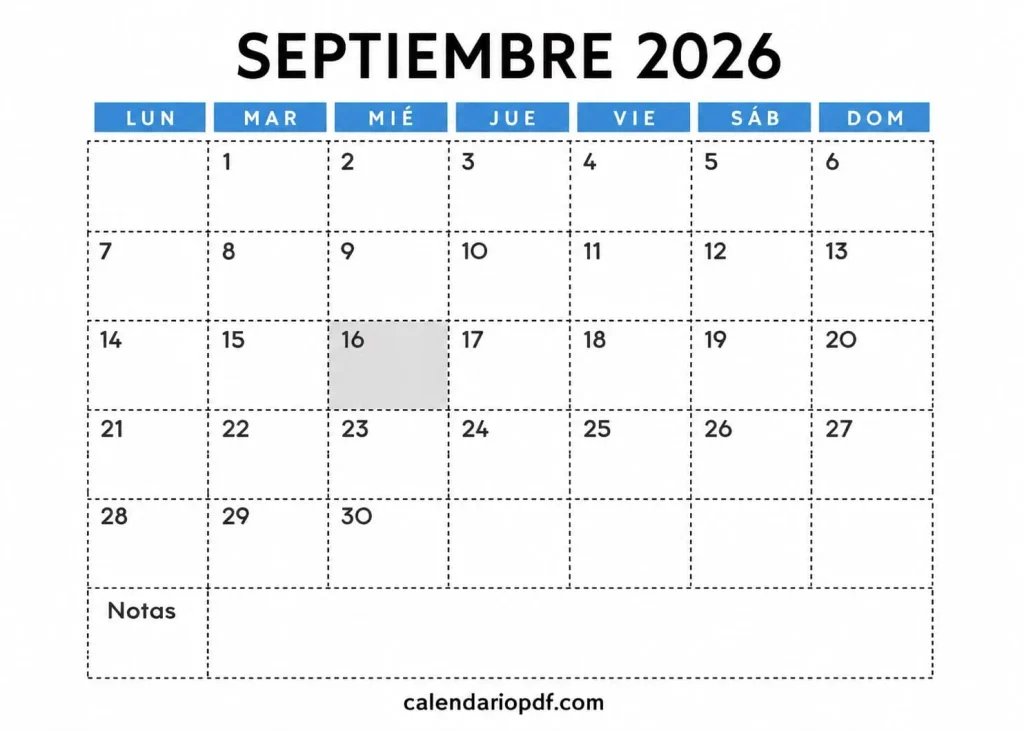 Calendario Septiembre 2026 México con Festivos Calendario septiembre 2026 Mexico 2