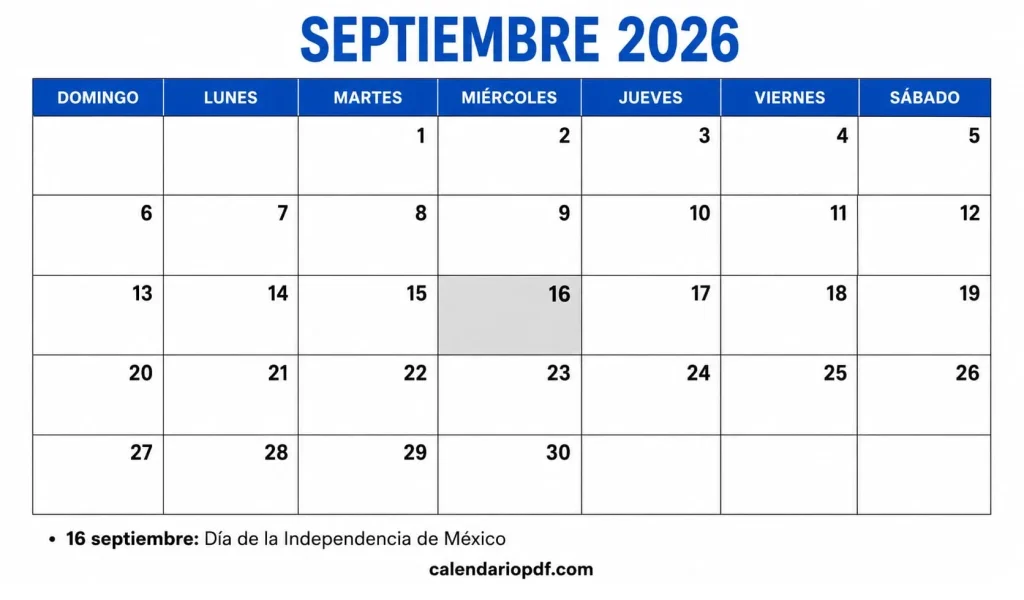 Calendario Septiembre 2026 México con Festivos Calendario septiembre 2026 Mexico v3