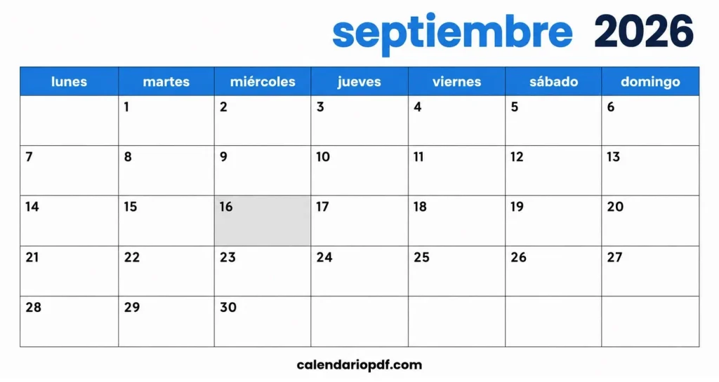Calendario Septiembre 2026 México con Festivos Calendario septiembre 2026 Mexico v4