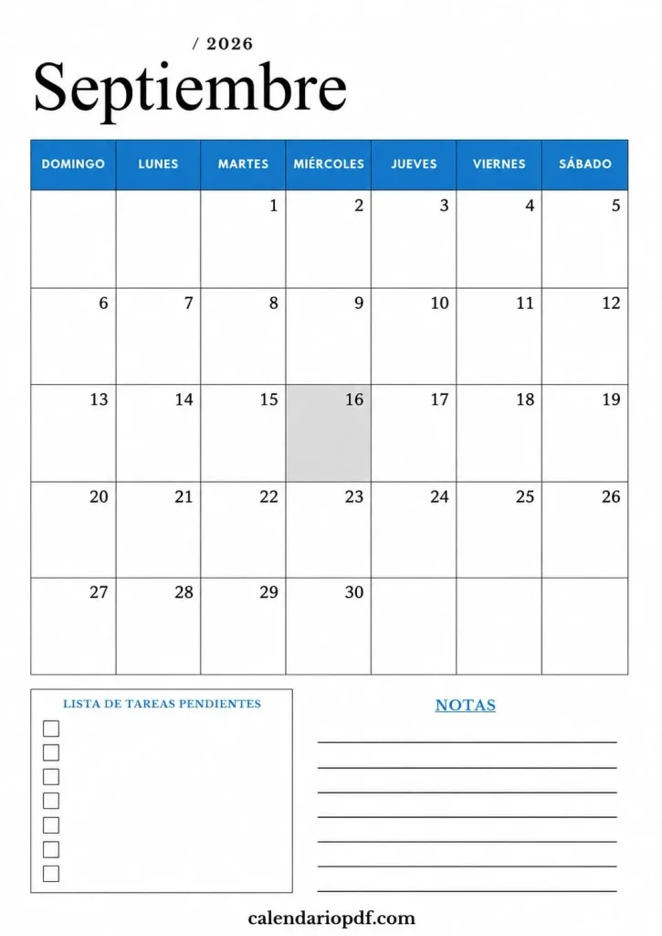 Calendario Septiembre 2026 México con Festivos Calendario septiembre 2026 Mexico v5