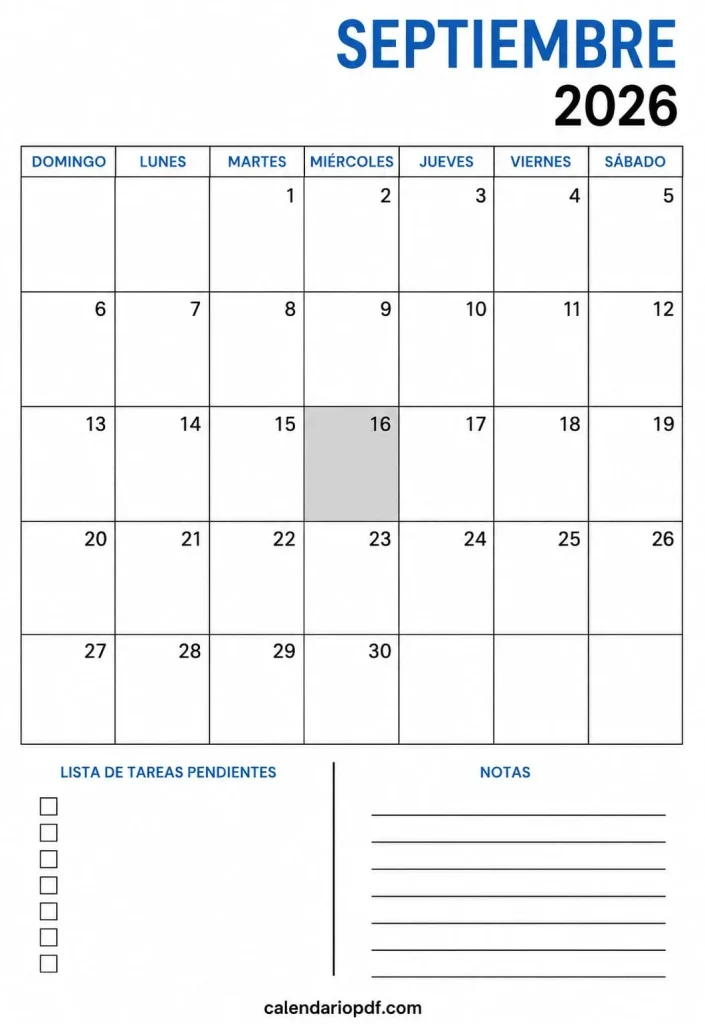 Calendario Septiembre 2026 México con Festivos 6