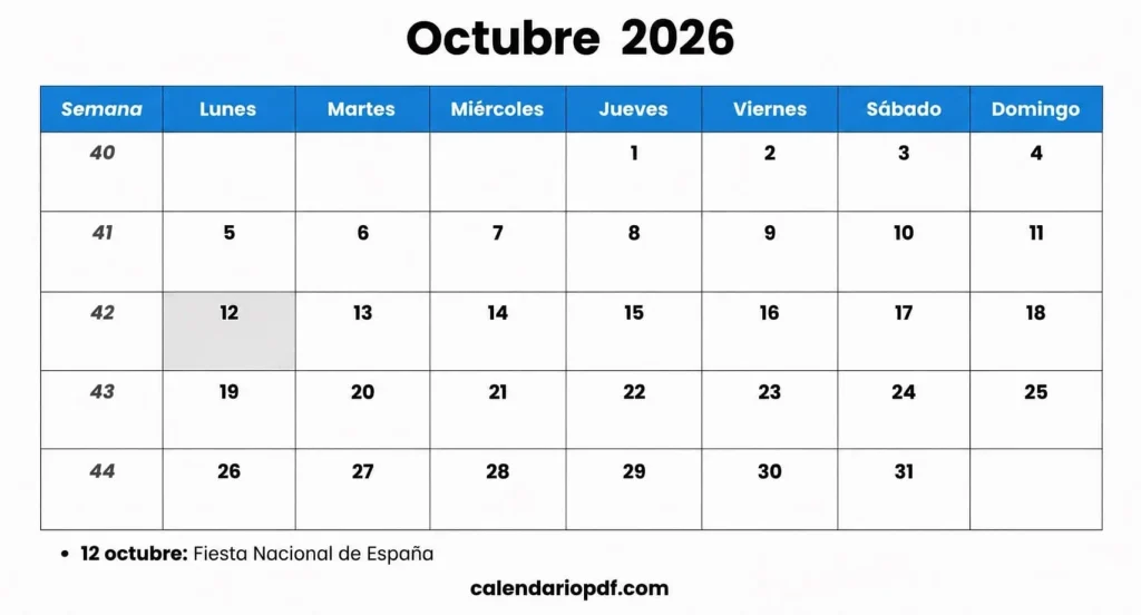 Calendario Octubre 2026 España con Festivos Calendario octubre 2026 España v1