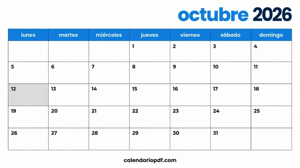 Calendario Octubre 2026 España con Festivos Calendario octubre 2026 España v4