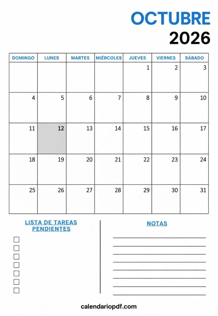 Calendario Octubre 2026 España con Festivos Calendario octubre 2026 España v6