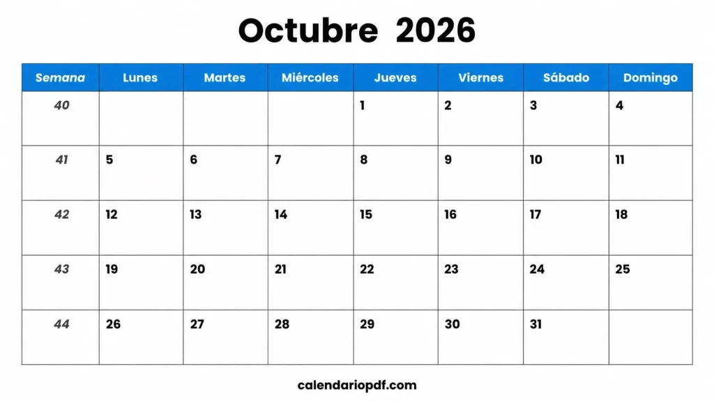 Calendario octubre 2026 México con Festivos Calendario octubre 2026 Mexico v1