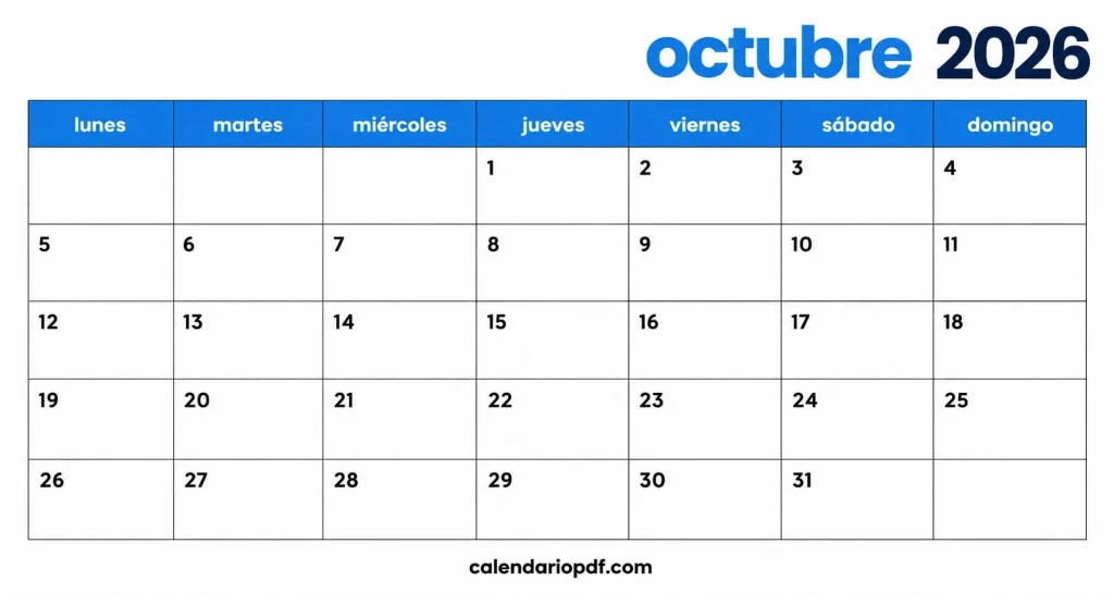 Calendario octubre 2026 México con Festivos Calendario octubre 2026 Mexico v4