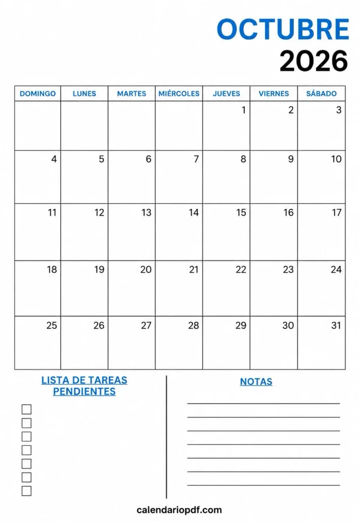 Calendario octubre 2026 México con Festivos Calendario octubre 2026 Mexico v6